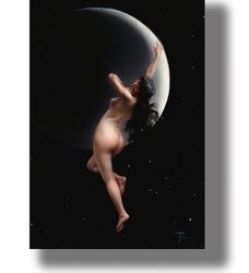 The night. The moon nymph. Luis Ricardo Falero artwork. Erotic art print. Poster with nude woman. 954.