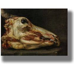 skinned head of a young bull. poster with an animal's head. gloomy home decoration. museum quality art print. 713.