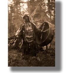 forest shaman from the russian empire. shaman with drum print. vintage photograph reproduction. tribal artwork. 359.