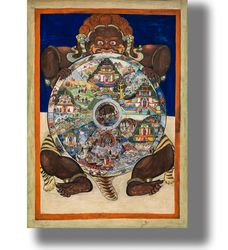 Yama, the Lord of Death, holding the Wheel of Life. Asian style wall hanging. A gift for a Buddhist ritual altar. 598.