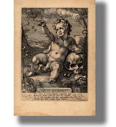 Quis evadet. All comes to the end. Allegory of the frailty of human life. Dark art print. Baroque style. Human skull 495