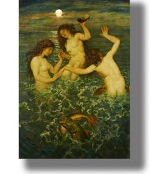 three mermaids. nude water nymphs. naked women at sea. seascape with mermaids. a poster on a mythological theme. 435.