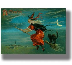Halloween poster with a black cat and a witch on a broom. Witchcraft print. Vintage retro postcard. 60.