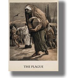 a mother bearing her child's coffin in a funeral procession. the black death pandemic poster. 480.