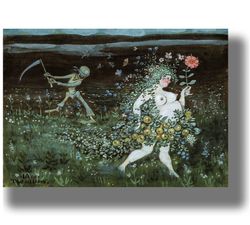 Life and Death. Ivar Arosenius. Death with a scythe. Scandinavian poster. Dark fantastic decor with a skeleton. 712.