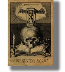 Symbols of death: a skull, a candle and a clock. Memento Mori style reproduction. A skull in vintage style. 1803.