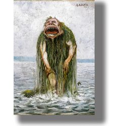the water troll who eats only young girls. poster with norwegian folklore. scandinavian folk artwork. 87.