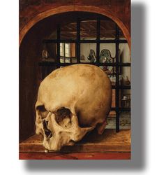 A Vanitas with a skull. Allegorical still life with a human skull. Baroque painting artwork. Macabre art poster. 531 h.