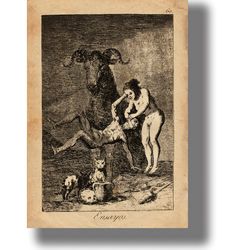 Initial experience. Ritual print with black magic. Sabbath goat and witches. Goya Caprichos reproduction. 319.