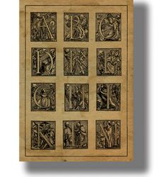 Dance of Death Alphabet. Religious art print. Dark style wall interior. Poster of an engraving by Hans Holbein. 45.