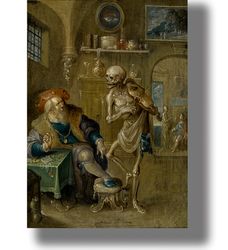 Death and the miser. Death comes to the banker. Grim art print. Famous plot in the style of Remember Death. 321.