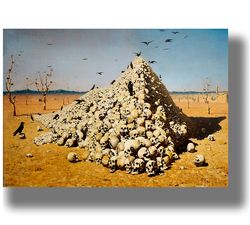 apotheosis of war. gloomy landscape print with a mountain of skulls. war wall hanging. dark style gift. 299.