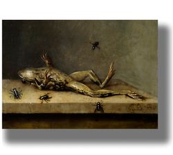 Dead Frog with Flies. Dark Baroque art. Death home decor. Dead animal print. Animal corpse poster. 381.