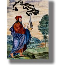 An adept of alchemy, carrying a vase of Hermes. Alchemical art print. Philosophical poster. Alchemist gift. 633.