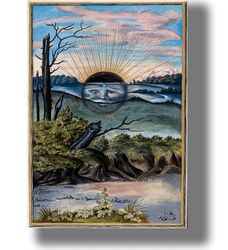 a black sun with a face descends behind the horizon of a marshy landscape. splendor solis illustration. 269.