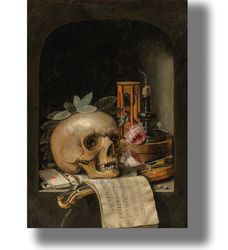 Gloomy Still Life. Skull, hourglass, extinguished candle and other symbols of futility. Dark style print. 467.