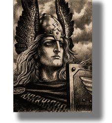 portrait of a scandinavian pagan warrior. paganistic wall decoration. painting by konstantin vasiliev. 560.