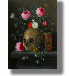 Painting in the Vanitas style. The poster "Remember Death". Still Life print. Macabre Skull and flowers. 339.
