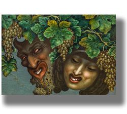 the bacchanalia. portrait of a satyr and a bacchante under a vine. ancient mythology print. art nouveau painting 582h