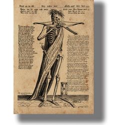 Memento Mori! A skeleton with bow and arrow. Dark aesthetic wall art. Medieval style reproduction. Gothic gift. 538.