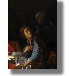 death comes to the table. memento mori style reproduction. a poster with a skeleton and an hourglass. 347.
