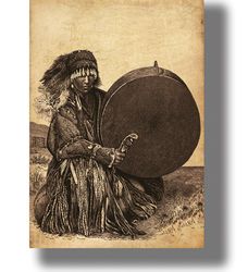Mongolian shaman with drum. Tribal style artwork. Pagan room decor. Ethnic art print. A gift for a shamanist. 297.