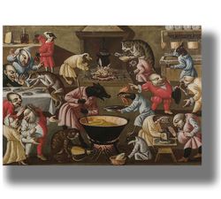 grotesque scene with animals and stylised figures in a kitchen. poster with fantastic animals. fantasy wall art. 476.