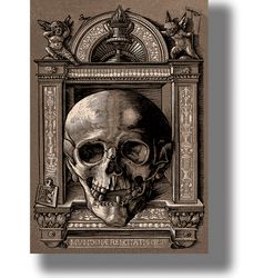 Funeral ornament with a skull. Memorial art. A melancholy poster. Dark home decor. Memento mori. Death wall decor. 514.