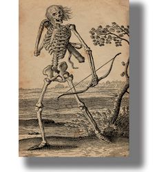 skeleton shooting a bow. mystical religious decor. death poster. allegory of death decoration. ancient esoteric art. 249