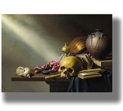 Harmen Steenwyck. Still Life An Allegory of the Vanities. The sad symbolism of the Baroque. Poster with a skull. 474.