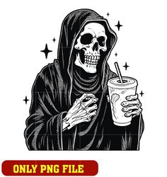 Skeleton Grim Reaper Drinking Iced Coffee png