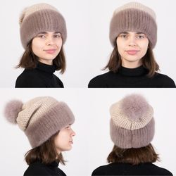 Real Fur Mink Hat For Women Winter Warm Luxury Beanie Fur Hat And Fur Pompom Arctic Fur Fox