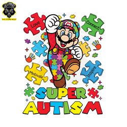 Super Autism Awareness Puzzle Pieces Mario PNG