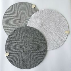 Set of 3 Cotton Rope Round Grey Placemats for Dining, Kitchen and Coffee Table, Washable, Heat Resistant