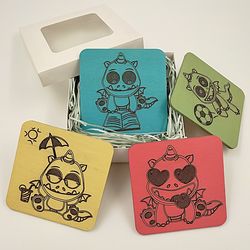 Set of 4 Wooden Drink Coasters for Glasses, Tea or Coffee Cups - Kawaii, Bright, Minimalistic