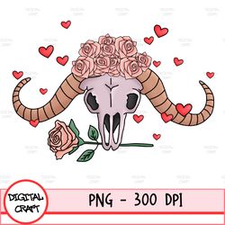 Valentine's Day Bull Skull Png Sublimation Design Download, Happy Valentine's Day Png, Western Bull Skull Png, Sublimate