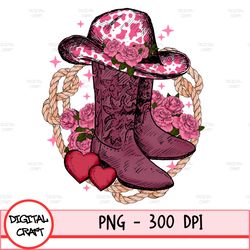 Valentine's Day Boots Cowgirl Hat And Roses Png Sublimation Design, Valentines Day Boots Png, Western Valentines Day Png