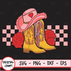 Valentine's Day Boots Cowgirl Hat And Roses Svg Design, Valentines Day Boots Svg , Western Valentines Day Svg , Digital