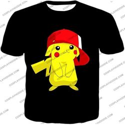 Pokemon Cute Pikachu with Ashs Cap Cool Black T-Shirt PKM169