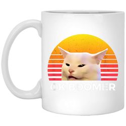 Woman Yelling At Table Dinner Funny Cat Ok Boomer White Mug