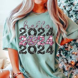 Hello 2024 Glitter Sequins Shirt, New Year 2024 Shirt, Disco New Year Shirt, Boujee Bougie Holiday Retro