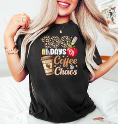 100 Days Of Coffee And Chaos Shirt, 100th Day Of School Leopard Teacher Shirt, Gift for Teachers, Back to School Shirt