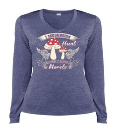 I Mushroom Hunt T Shirt, I Love Hunting T Shirt, Cool Shirt (Ladies LS Heather V-Neck)