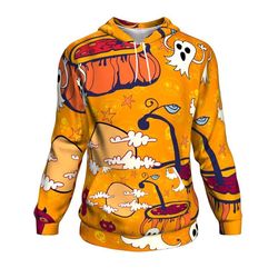 Pumpkins And The Ghost Funny Halloween Hoodie Over Print