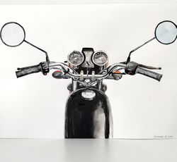 Watercolor painting of a black retro motorcycle