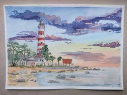 Lighthouse Painting Original Watercolor Art landscape Artwork 8 by 12 Lighthouse sunset art