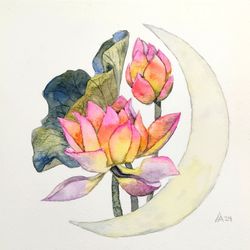 Lotus and moon painting original watercolor art plant floral artwork