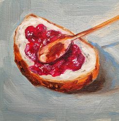 Toast with jam painting original oil art still life 5 by 5 inch
