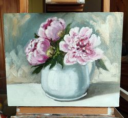 Peonies Painting Original Oil Art Stretched Canvas Pink Flowers Artwork 8" x 10"