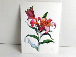 Red lily painting original watercolor art floral artwork flower 7.5 by 10,5